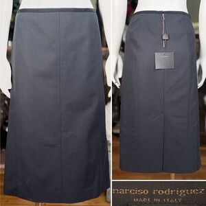 Narciso Rodriguez Black Cotton Canvas & Silk Trim Tea-length Skirt, Sz 8